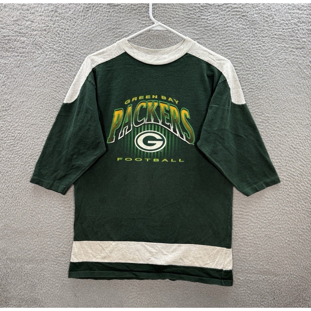 Vintage Green Bay Packers Shirt Boys XL 18-20 Green Crewneck 3/4 Sleeve NFL 90s